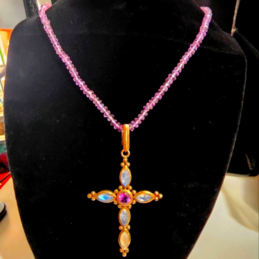 Labradorite & Purple Amethyst Cross Necklace with Faceted Amethyst Chain